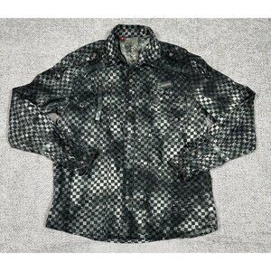 FUSAI Shirt Mens Medium‎ Black Gray Check Military Utility Y2K Grunge Distressed